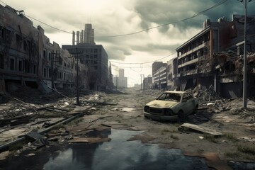 Post apocalyptic city background. Destroyed buildings