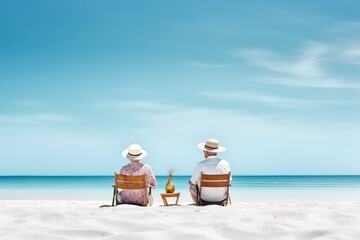 Fototapeta na wymiar Relax senior couple on beach wite blue sky