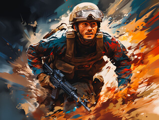 Close-up of a Soldier on the run. Illustration in abstract multi-color background. A soldier with a rifle. Marines. Generative AI