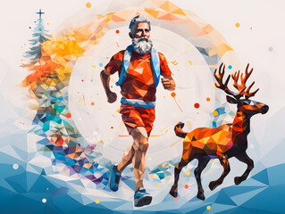 Running modern Santa Claus, with geometric reindeers in the background. Christmas shopping time. Generative AI