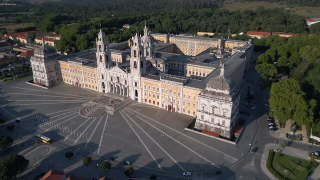Aerial view of the 18th-Century Royal Convent and Palace of Mafra, a monumental Baroque and Neoclassical palace-monastery located in Mafra, Lisbon District, Portugal. 