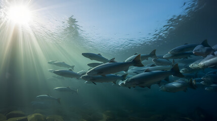 Obraz premium Widescreen Waters: The Panoramic Dance of Trout in Nature's Currents