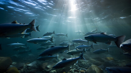 Fototapeta premium Widescreen Waters: The Panoramic Dance of Trout in Nature's Currents