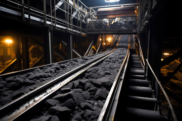 Obraz premium Conveyor holds mined coal within coal mine, awaiting transport