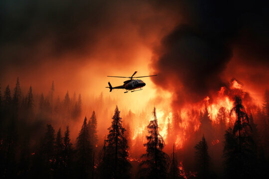 very powerful forest fire, fire and smoke cover the sky, rescue helicopter