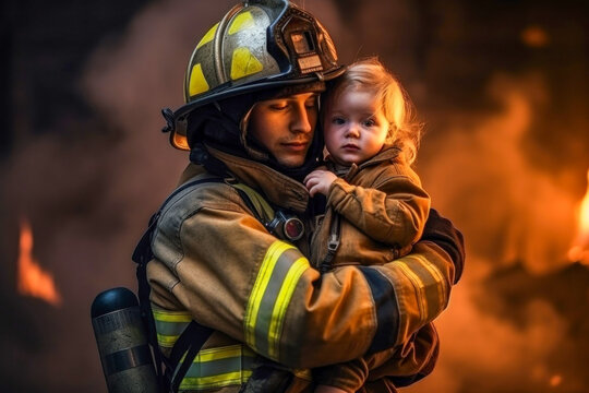 Photo of a firefighter rescuing a little girl in a heroic act of bravery