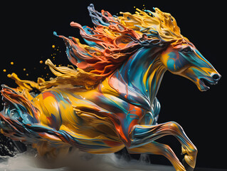 Creative illustration An abstract drawing of a running paint splashed horse isolated on a black background. Colorful artistic painting of a horse in many colors. Generative AI