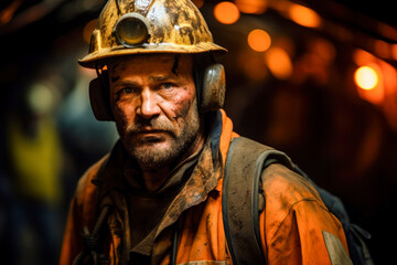 A confident mining worker  wearing a helmet, looking straight into the camera