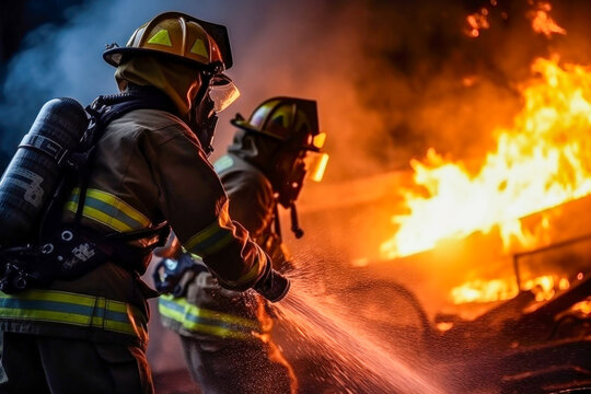 Photo of a group of firefighters battling a blazing fire