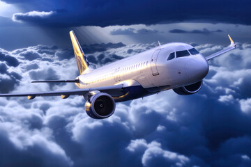 Naklejka na ściany i meble passenger jet plane flies through powerful cumulus clouds, night cloudy landscape