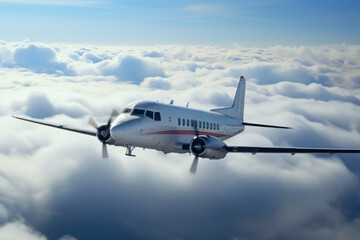 Fototapeta na wymiar turboprop airplane in flight over clouds bright sunny day