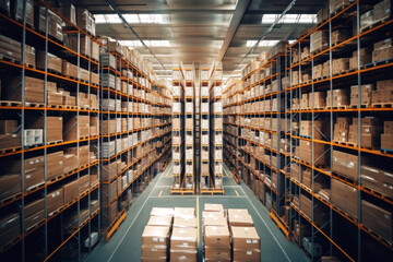 Photo of a warehouse filled with stacks of boxes