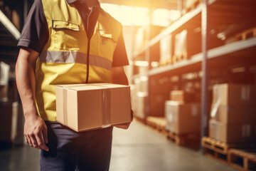 Photo of a man holding a box in a warehouse