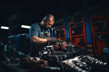 auto mechanic repairs an automobile unit, gearbox, generator, car repair shop