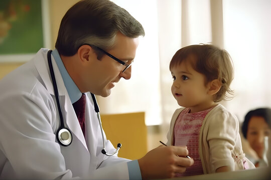 the doctor wits a small patient, the therapist takes a small child in his office, the child is at the doctor's office