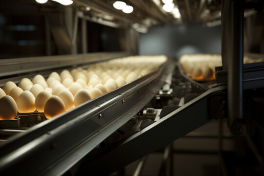 poultry farm production of chicken eggs, eggs move along the conveyor for sorting and packaging