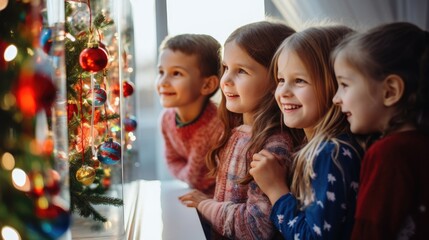 A group of children standing next to a christmas tree. Generative AI.