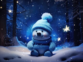A bear wearing a blue hat and sweater. Generative AI.
