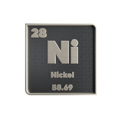 Nickel chemical element black and metal icon with atomic mass and atomic number. 3d render illustration.
