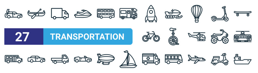set of 27 outline web transportation icons such as electric car, canoe, delivery truck, snowmobile, unicycle, car, ambulance, ship vector thin line icons for web design, mobile app. - obrazy, fototapety, plakaty