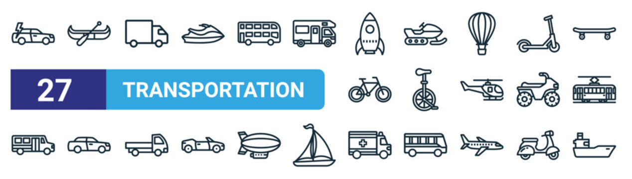 set of 27 outline web transportation icons such as electric car, canoe, delivery truck, snowmobile, unicycle, car, ambulance, ship vector thin line icons for web design, mobile app.
