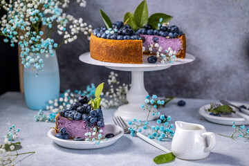 Sweet creamy blueberry cheesecake with cut piece on a light background, berry pie. French cuisine