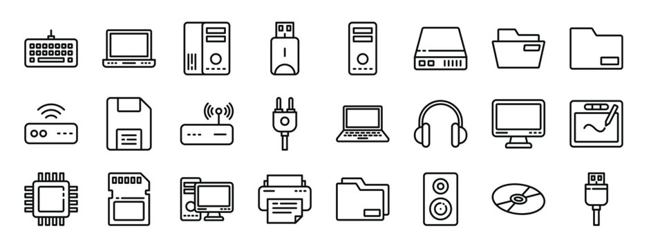 Set Of 24 Outline Web Computer And Tecnology Icons Such As Keyboard, Laptop, Cpu, Flash Disk, Cpu, Harddisk, Folder Vector Icons For Report, Presentation, Diagram, Web Design, Mobile App