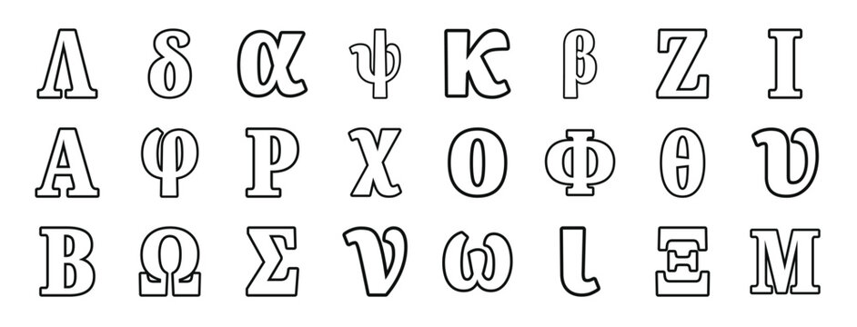 Set Of 24 Outline Web Greek Alphabets Icons Such As Lambda, Delta, Alpha, Psi, Kappa, Beta, Zeta Vector Icons For Report, Presentation, Diagram, Web Design, Mobile App