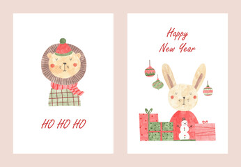 Happy New Year greeting template set of postcards - bunny in christmas ugly sweater with gift boxes and balls. Lion in stripes sweater, winter hat and scarf. Ho ho ho cards