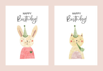 Happy Birthday greeting template set of postcards - rabbit in holiday hat. Cat with holiday pipe and green hat. Birthday card design invitations. Set of two cards