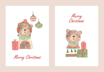 Merry Christmas greeting template set of postcards - bear in winter hat with gift boxes and balls. Bear in ugly sweater with gitboxes. Merry Christmas