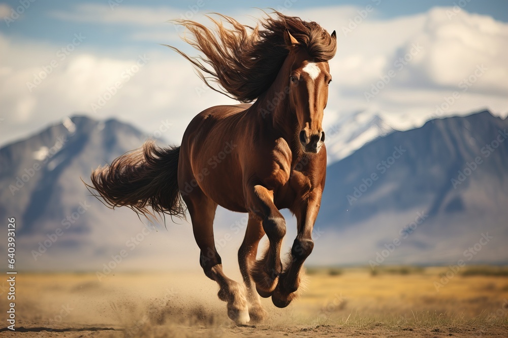 Poster Brown horse with developing mane running in nature