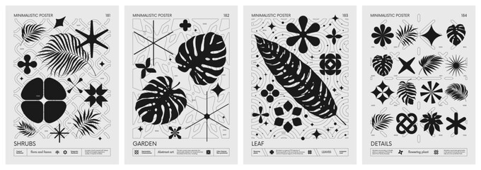 Modern geometric vector Minimalistic Posters with simple shapes, and exotic leaves, tropical plants, Artwork with silhouette abstract graphic elements basic figures, inspired by brutalism, set 46 - 640393301