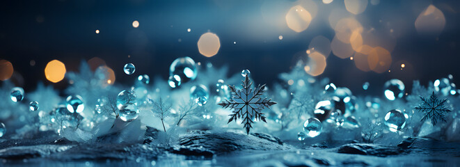 snowflakes light up a wood branch in winter, in the style of light blue and gold, mysterious backdrops