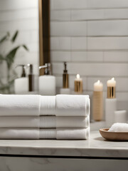Fototapeta na wymiar Stack of white towel with cosmetics behind, in the bathroom