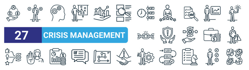 Fototapeta na wymiar set of 27 outline web crisis management icons such as project management, decision making, abilities, expert, risk management, no tresspasing, mechanic guy, round table vector thin line icons for
