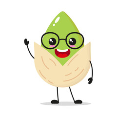 Cute happy pistachio wear eyeglass character. Smiling and greet nut cartoon emoticon in flat style. pistachio emoji vector illustration