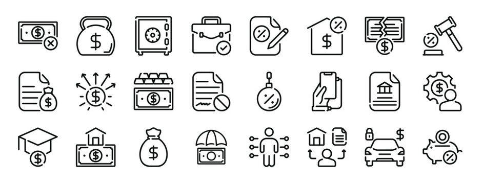 set of 24 outline web obligations icons such as no money, burden, safety box, portfolio, loan, mortgage, broken vector icons for report, presentation, diagram, web design, mobile app
