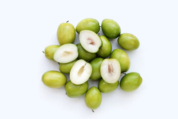 Green jujube fruits on white background.