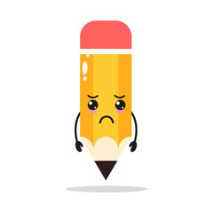 Cute sad pencil character. Funny unhappy school equipment cartoon emoticon in flat style. pencil vector illustration