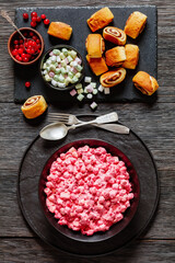 cranberry creamy salad with marshmallows, top view