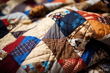 Detail of a patchwork quilt with many different patterns.