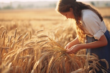 Beautiful young woman in wheat field at sunset. Harvesting concept