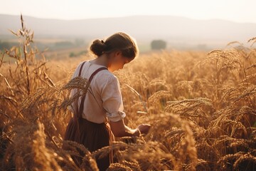 Beautiful young woman in wheat field at sunset. Harvesting concept