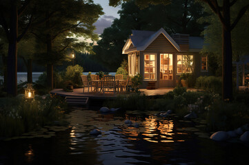 Fototapeta na wymiar Beautiful cottage in the forest at night with lake