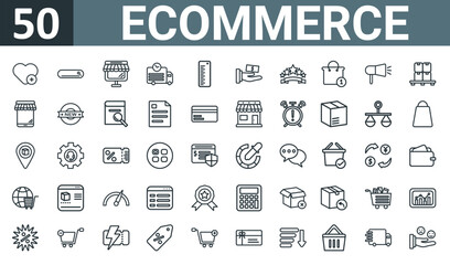 Fototapeta na wymiar set of 50 outline web ecommerce icons such as wishlist, search bar, online store, shipping, size, payment, star rating vector thin icons for report, presentation, diagram, web design, mobile app.