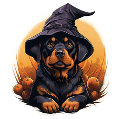 Lush detailed vector illustration of Halloween celebration of cute rottweiler dressed as a witch in t-shirt design. Halloween t-shirt designs that capture the essence of the festive spirit.