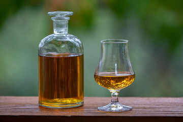 Single malt scotch whisky in selective focus and minimalistic photo. Space for text