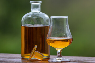 Single malt scotch whisky in selective focus and minimalistic photo. Space for text