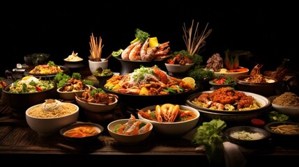 A sumptuous banquet of delectable Thai dishes, featuring an array of traditional flavors, spices, and ingredients, beautifully arranged.